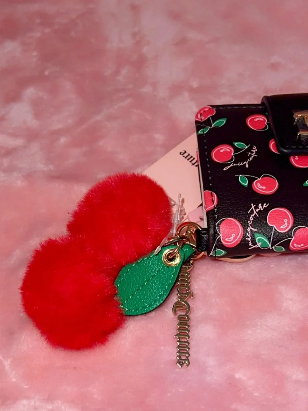 Juicy Couture Black Cherry Print Wallet with Red Cherry Pom Charm